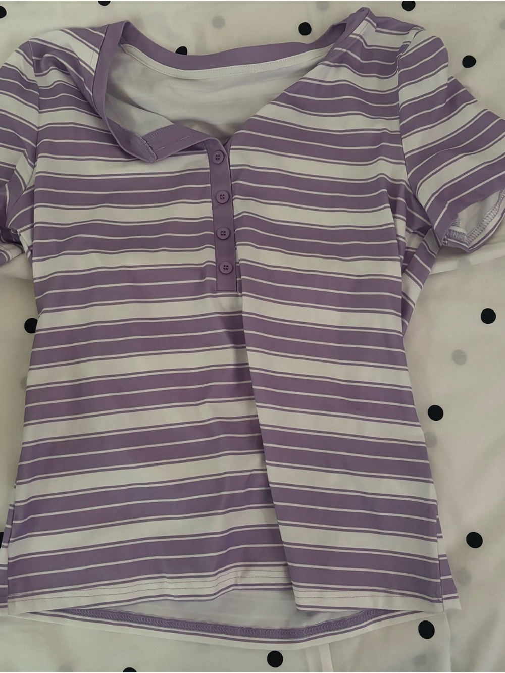 SHEIN Lavender & White Striped Henley Short Sleeve Top